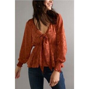 Francesca’s Tracy Tie Front Jacquard Long Sleeve Blouse XL
